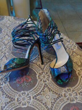 Jimmy Choo Blue Iridescent Multi Snake Print Ankle Strapp Heels